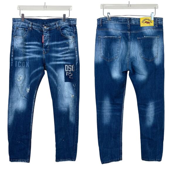 DSQUARED2 | Men’s Icon Distressed Slim Medium Wash Designer Blue Jeans 54 US 44 - Picture 1 of 12
